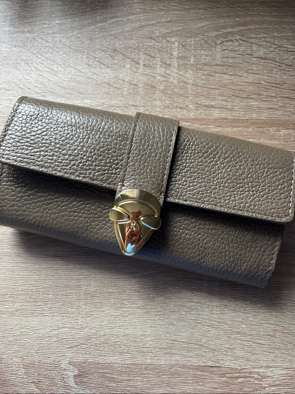 Women's Genuine Leather Wallet Clutch in Taupe with Gold Hardware